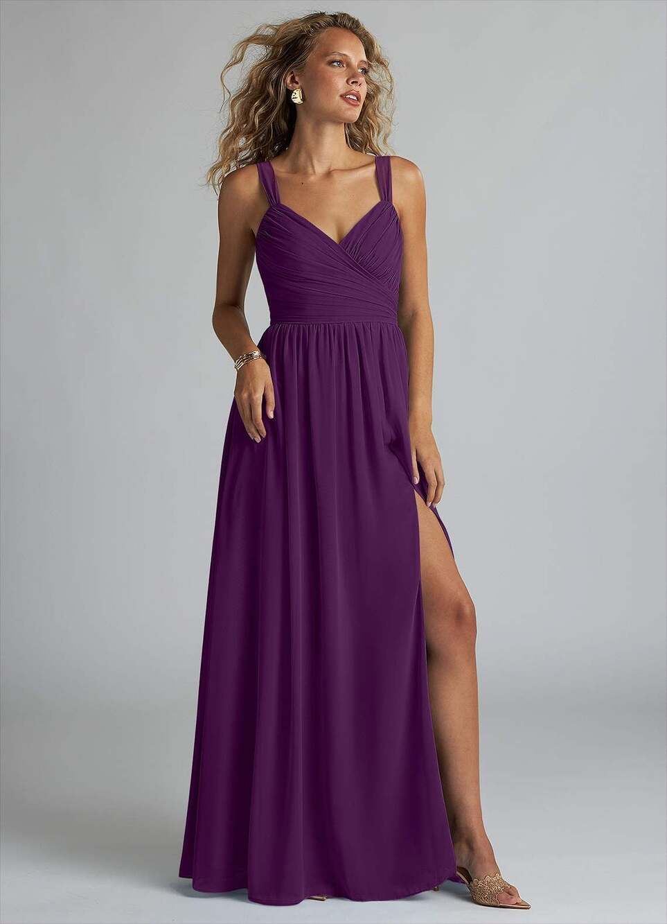 Azazie Aziza Grape A-Line V-Neck Pleated Chiffon Dress size: Large